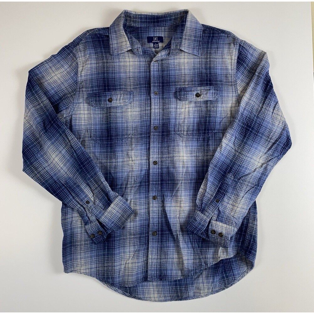 George Men's Blue Plaid Flannel Button-Up Shirt Long Sleeve L 42-44 Pockets